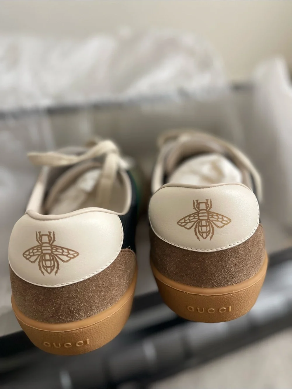 Gucci Black Leather Sneakers with Green & Red Web and Brown Suede Toe